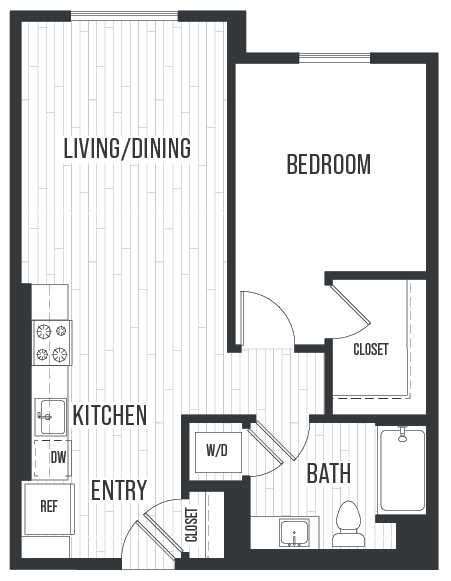 Floor plan for 1 bed, 1 bath, 713 sqft